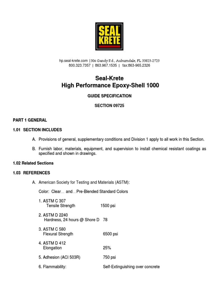 SEAL KRETE Epoxy Shell 1000 Specification PDF Concrete Shelf Life