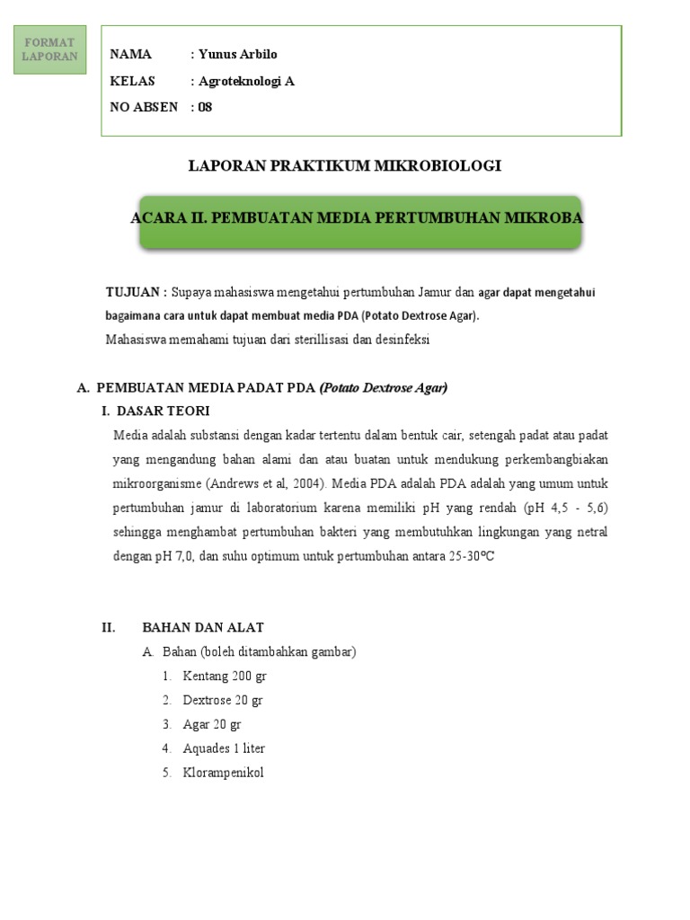 Form Laporan Praktikum Acara Ii. Pembuatan Media Pertumbuhan Mikroba | PDF