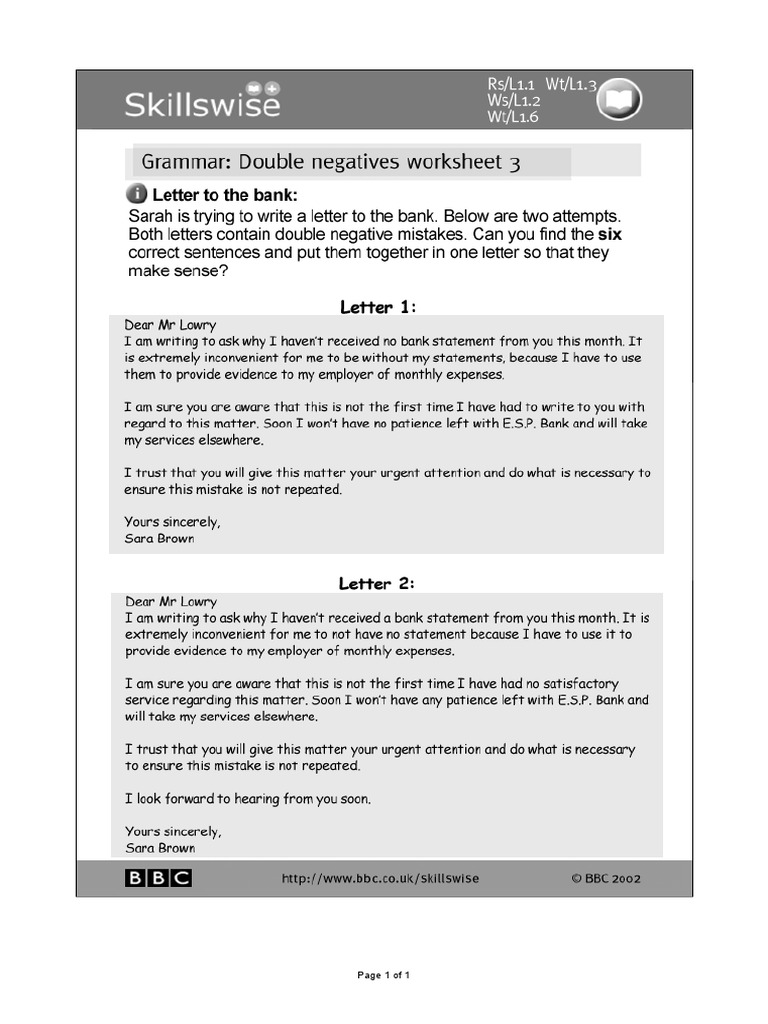 BBC Skillswise Double Negatives Worksheet 3 Letter To The Bank PDF