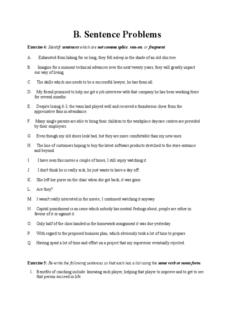 B. Sentence Problems: Exercise 4: Identify Sentences Which Are Not ...