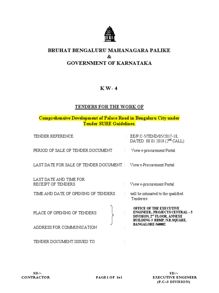 Karnataka Palace Road Tender Notice | PDF | Payments | Reserve Bank Of ...