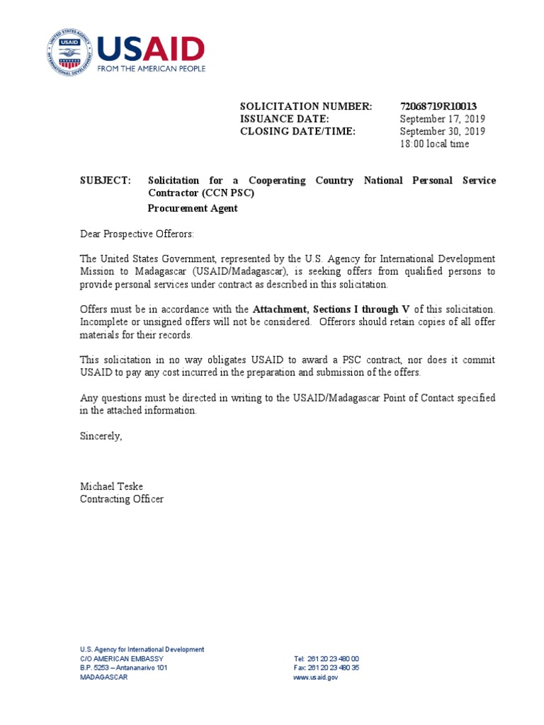 Solicitation Number: 72068719R10013 Issuance Date: Closing Date/Time ...