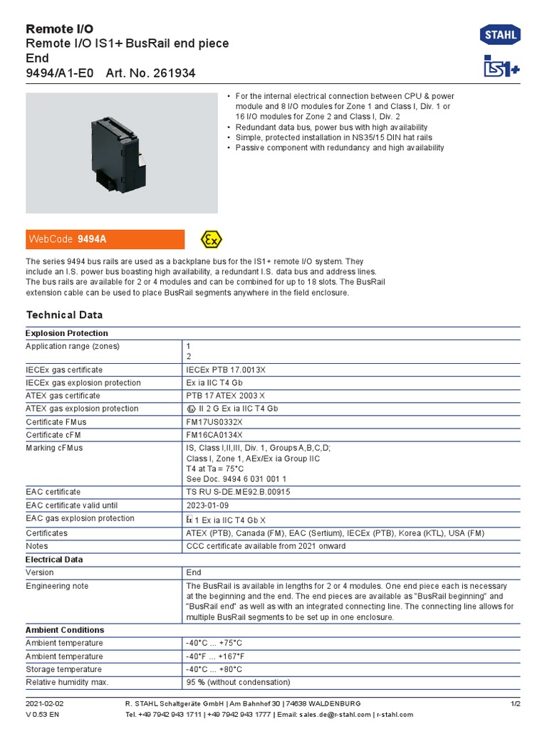 Remote I/O Is1+ Busrail End Piece End 9494/A1-E0 Art. No. 261934 | PDF ...