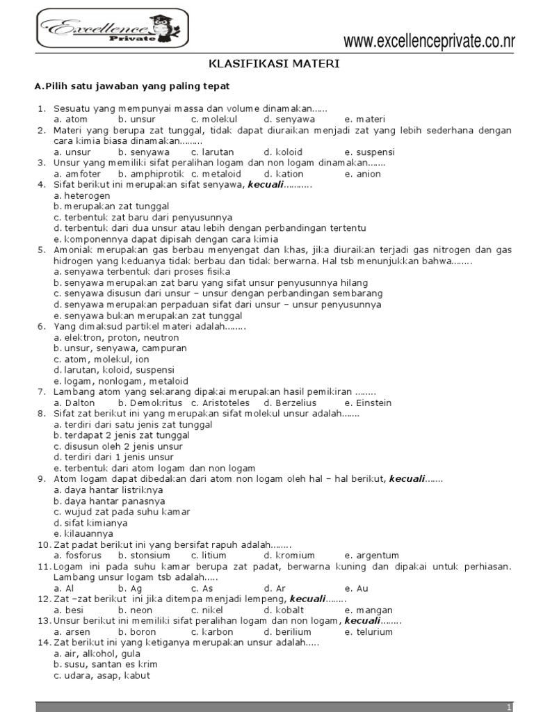 Latihan Soal Materi dan Perubahannya