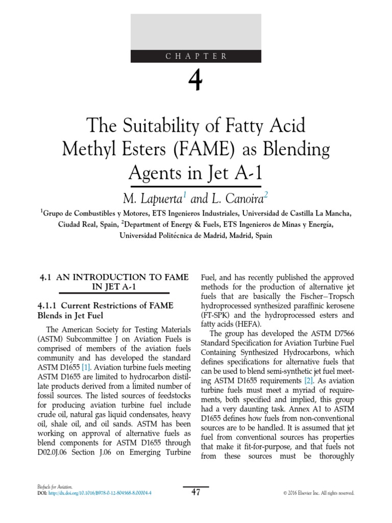 Chapter 4 The Suitability of Fatty Acid Methyl Esters 2016 Biofuels For
