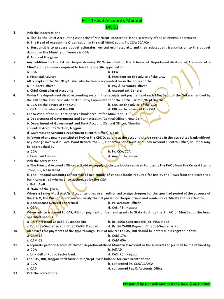 MCQ PC 21 Civil Accounts Manual (CAM) PDF Reserve Bank Of India
