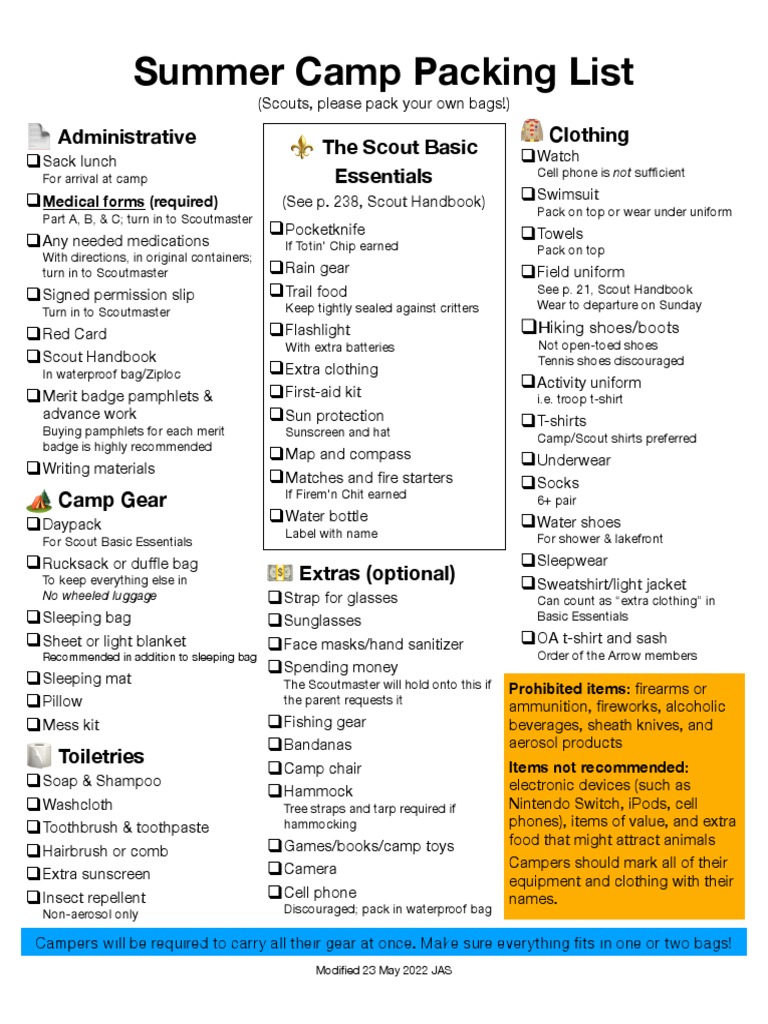 Summer Camp Packing List PDF Scouting Backpack