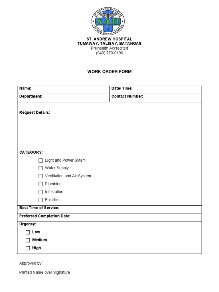 Work Order Form: St. Andrew Hospital Tumaway, Talisay, Batangas | PDF