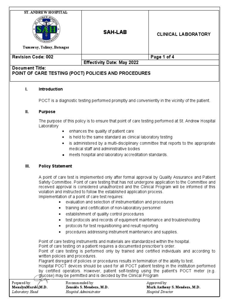 Sah Poct Policy Edited | PDF | Medical Laboratory | Evaluation