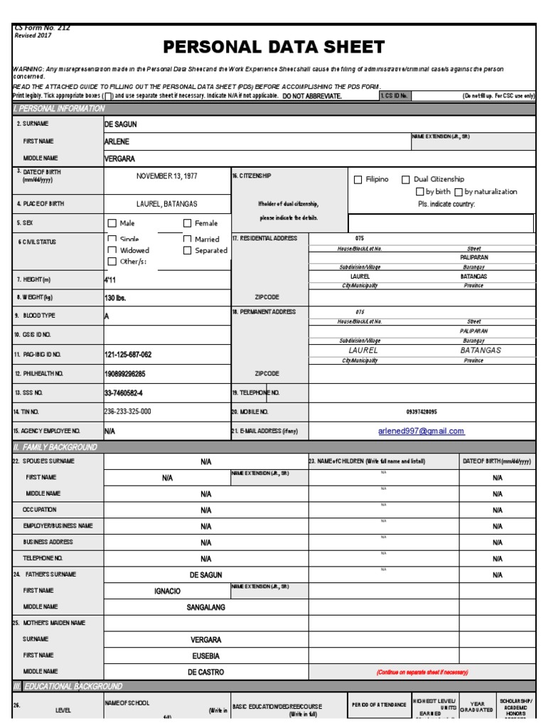 Cs Form No. 212 Revised Personal Data Sheet New PDF Crimes Crime