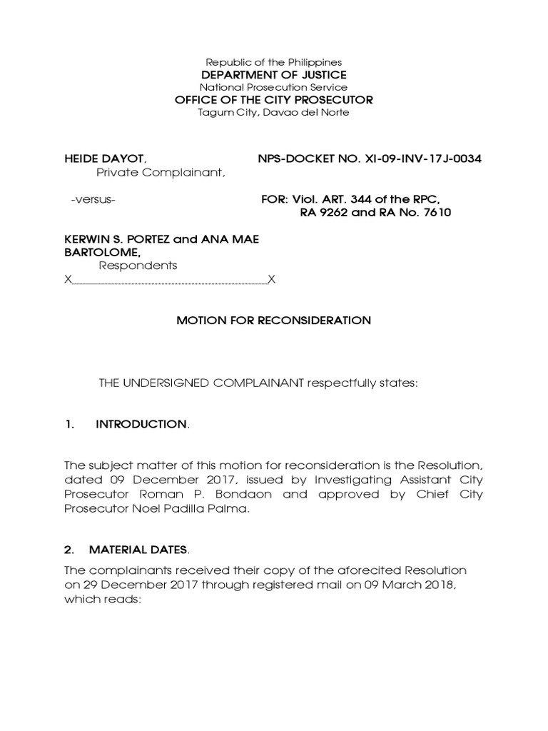 Motion For Reconsideration Sample PDF Lawsuit Prosecutor