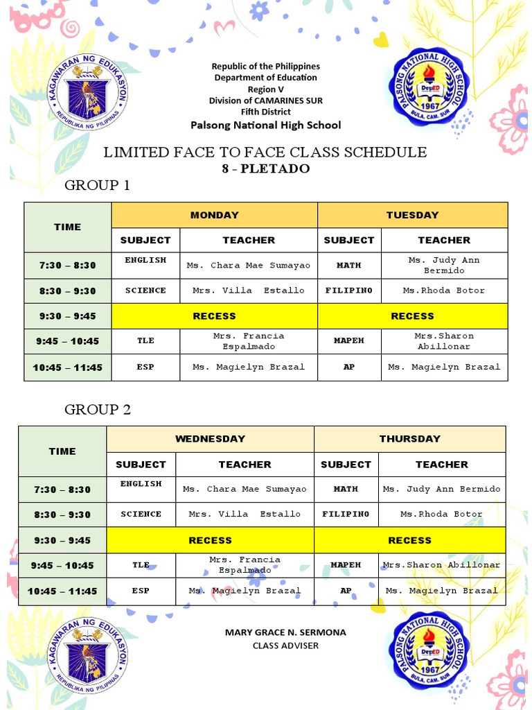 Limited Face To Face Schedule PDF