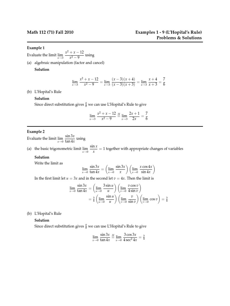 Math 112 (71) Fall 2010 Examples 1 - 9 (L'Hopital's Rule) Problems ...