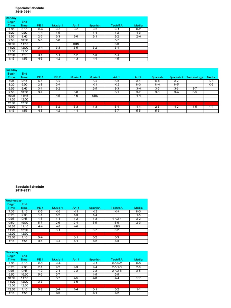 2010-2011 Specials Rotation Schedule | PDF | Sports & Recreation