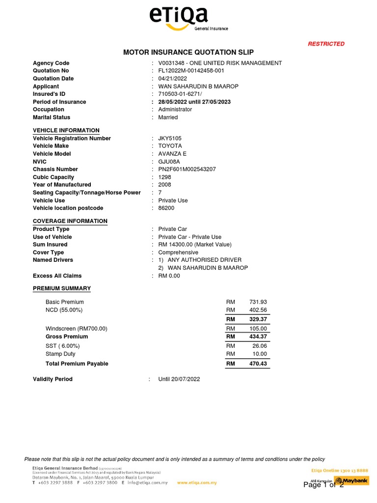 Motor Vehicle Insurance Quotation for a 2008 Toyota Avanza with