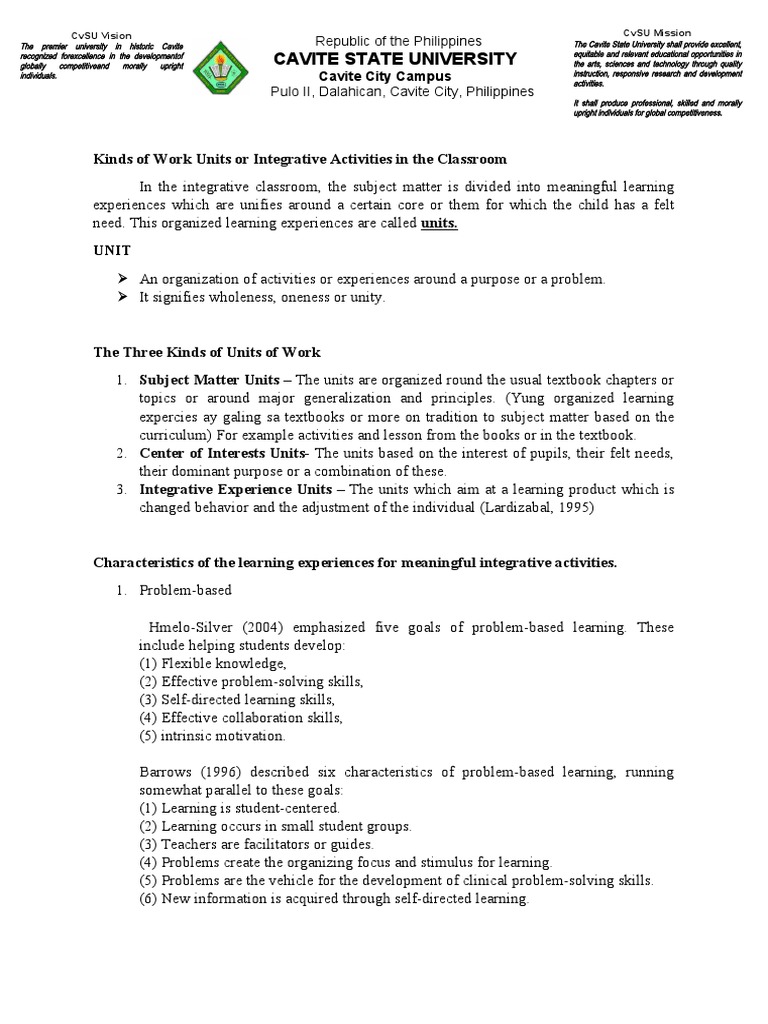 Kinds of Work Units or Integrative Activities in The Classroom PDF Learning Lesson Plan