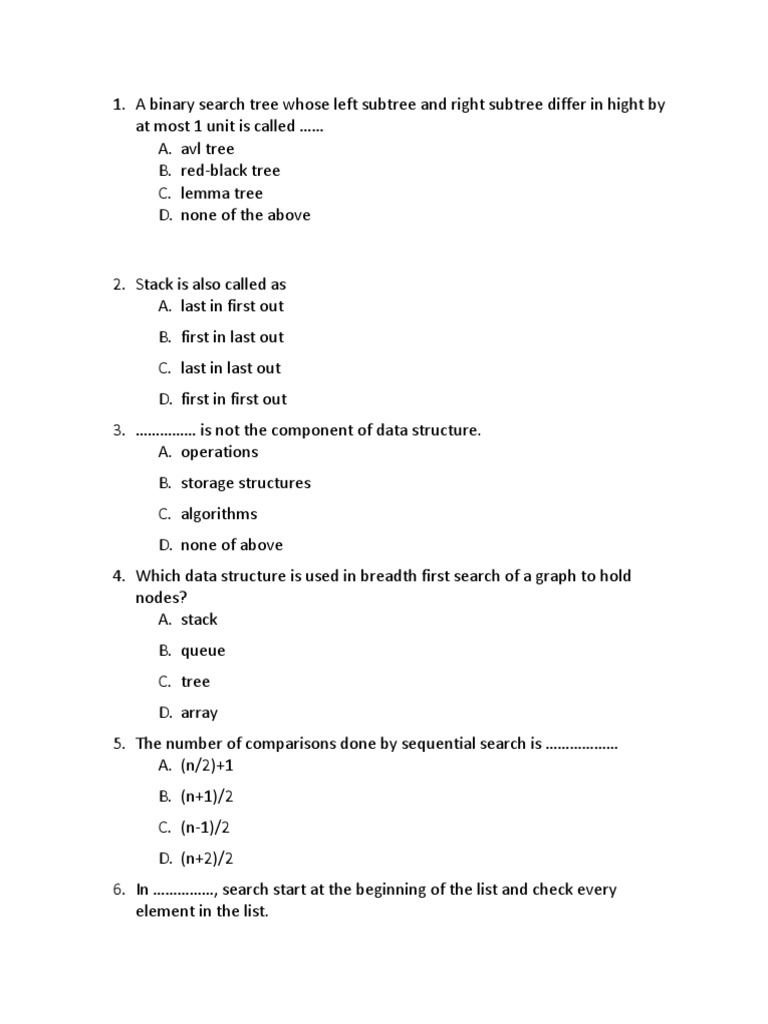 C++ Data Structures Quiz Questions | PDF | Computer Science ...