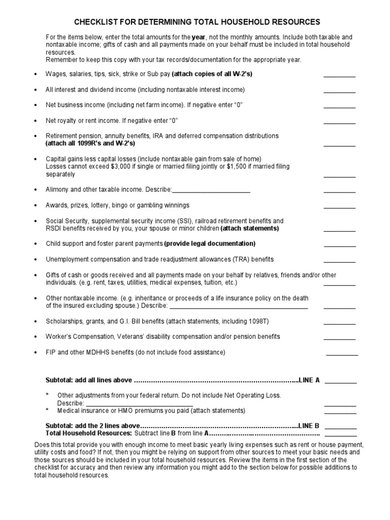 Total Household Resources Checklist | PDF | Irs Tax Forms | Insurance