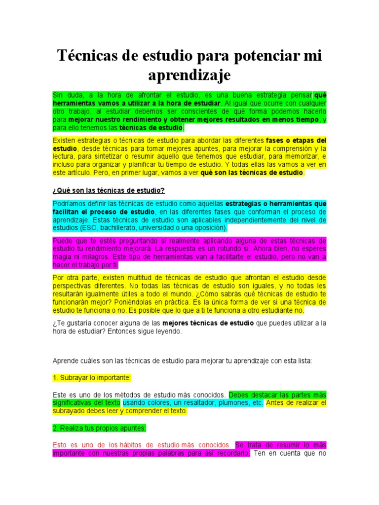 Técnicas de Estudio para Aprender Mejor | PDF | Habilidades de estudio ...