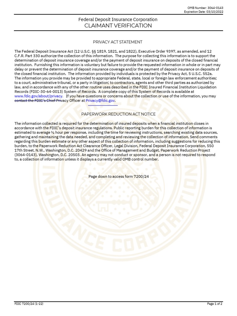 Federal Deposit Insurance Corporation CLAIMANT VERIFICATION | PDF ...
