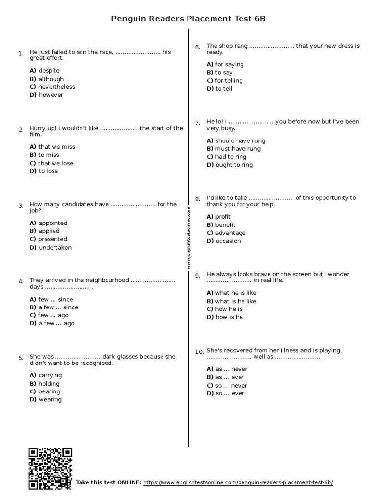Penguin Readers Unit 7 Test Answers | PDF