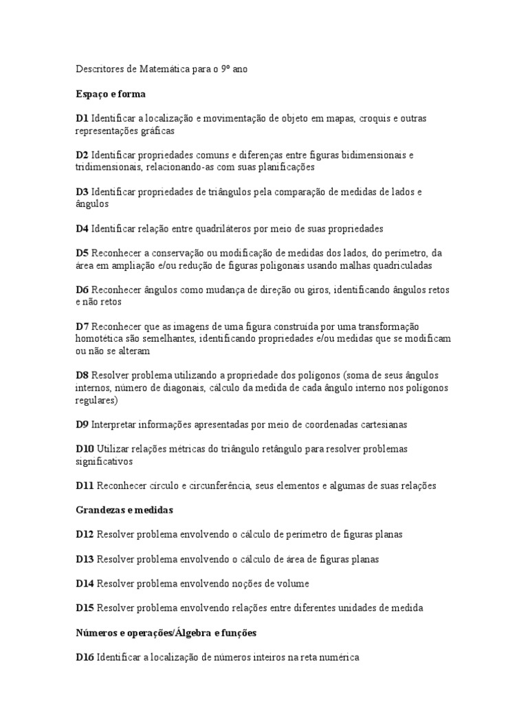 Descritores de Matemática para o 9º Ano PROVA BRASIL | Download grátis ...