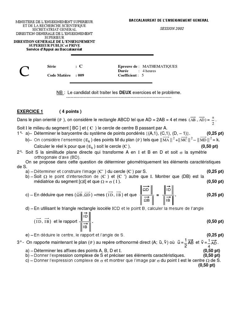 Sujet Bac Maths 2002 Série C Madagascar | PDF | Fonction (Mathématiques ...