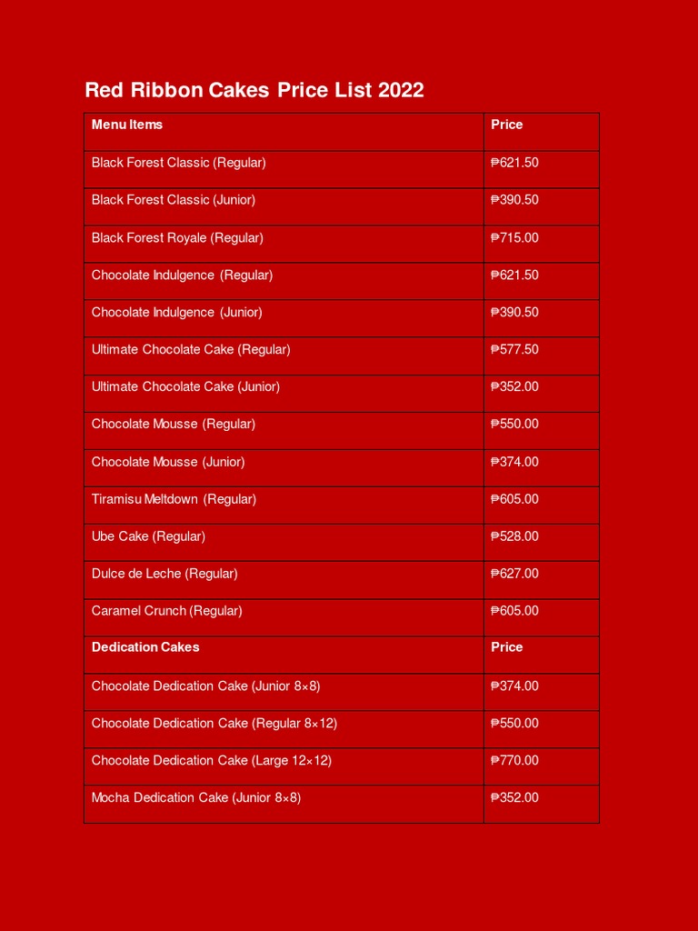 Red Ribbon Cakes Price List 2022 PDF Foods Regional & Ethnic Food