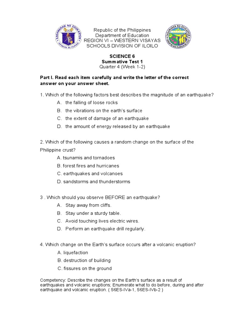 Science 6 Summative Test 1 Part I. Read Each Item Carefully and Write