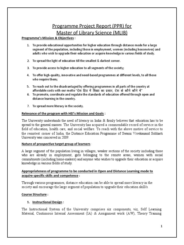 Programme Project Report (PPR) For Master of Library Science (MLI B ...