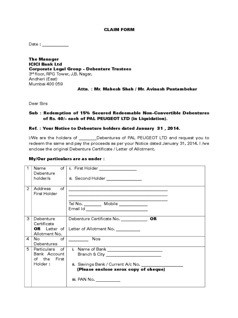 Debenture Redemption Claim Form | PDF | Banks | Interest
