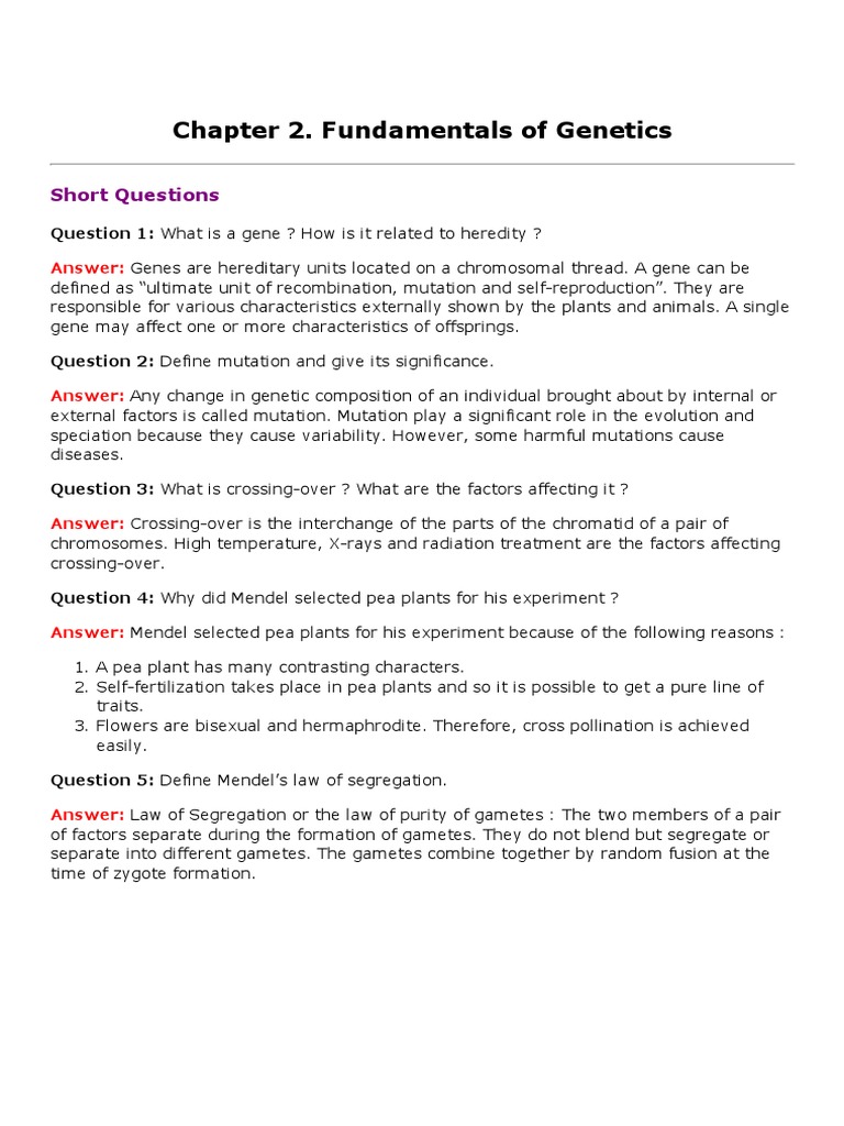 Chapter 2 Fundamentals Of Genetics Short Questions Pdf Dominance
