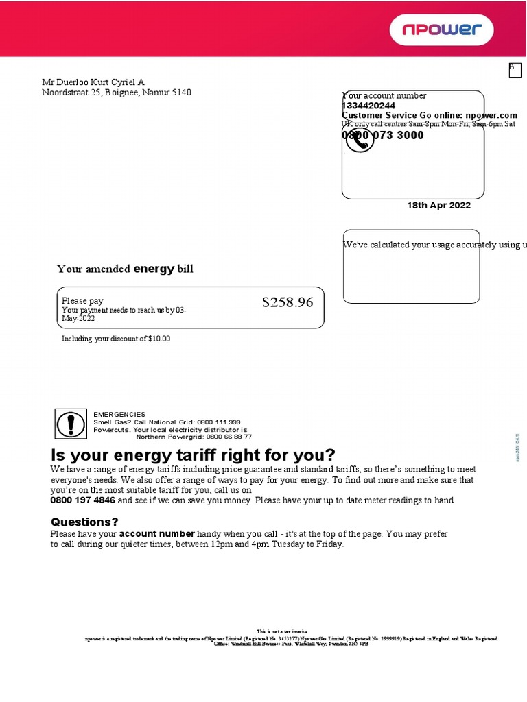 Npower Amended Energy Bill Summary | PDF