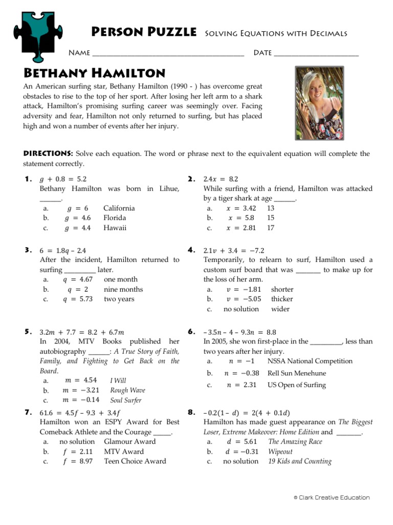 Person Puzzle - Equations With Decimals - Bethany Hamilton | PDF ...