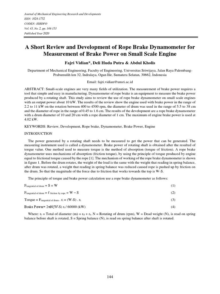 A Short Review and Development of Rope Brake Dynamometer For
