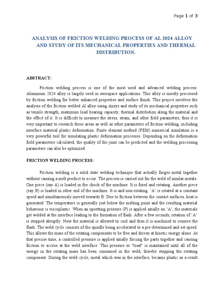 Analysis of Friction Welding Process of Al 2024 Alloy | PDF | Welding ...
