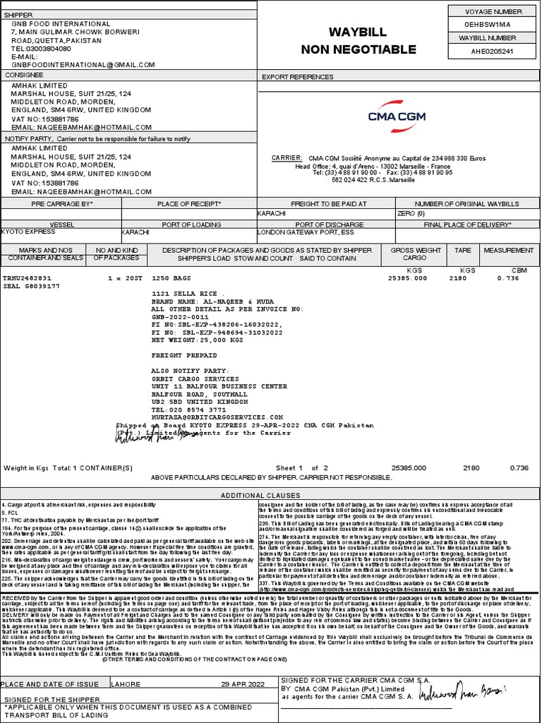 Non Negotiable Waybill Carrier PDF Bill Of Lading Cargo