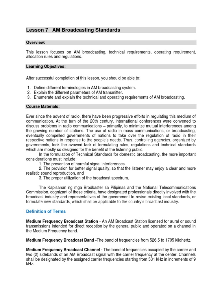 AM Broadcasting Standards and Technical Requirements for Radio Stations