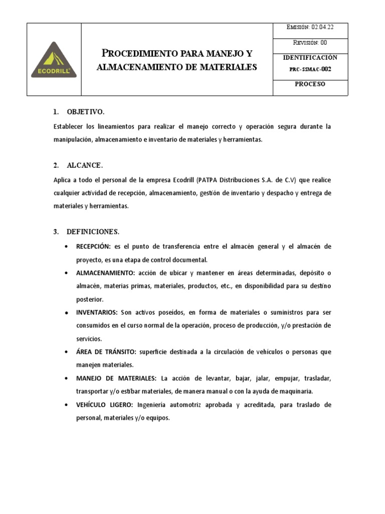 Procedimiento de Manejo de Materiales | PDF | Máquina elevadora ...