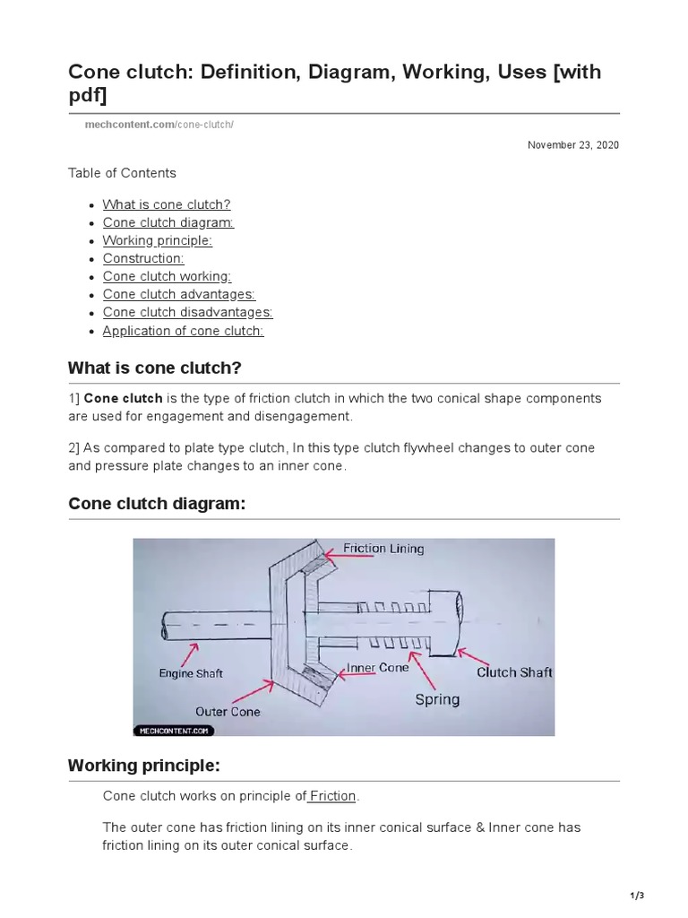 Cone Clutch Definition, Diagram, Working, Uses (With PDF) PDF
