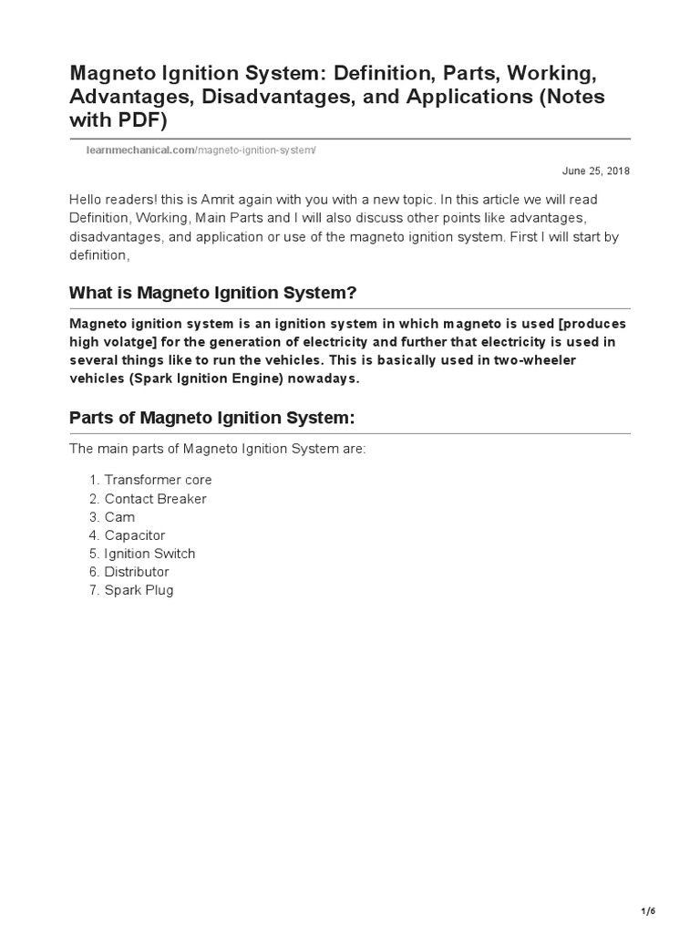 Ignition System Definition Parts Working Advantages