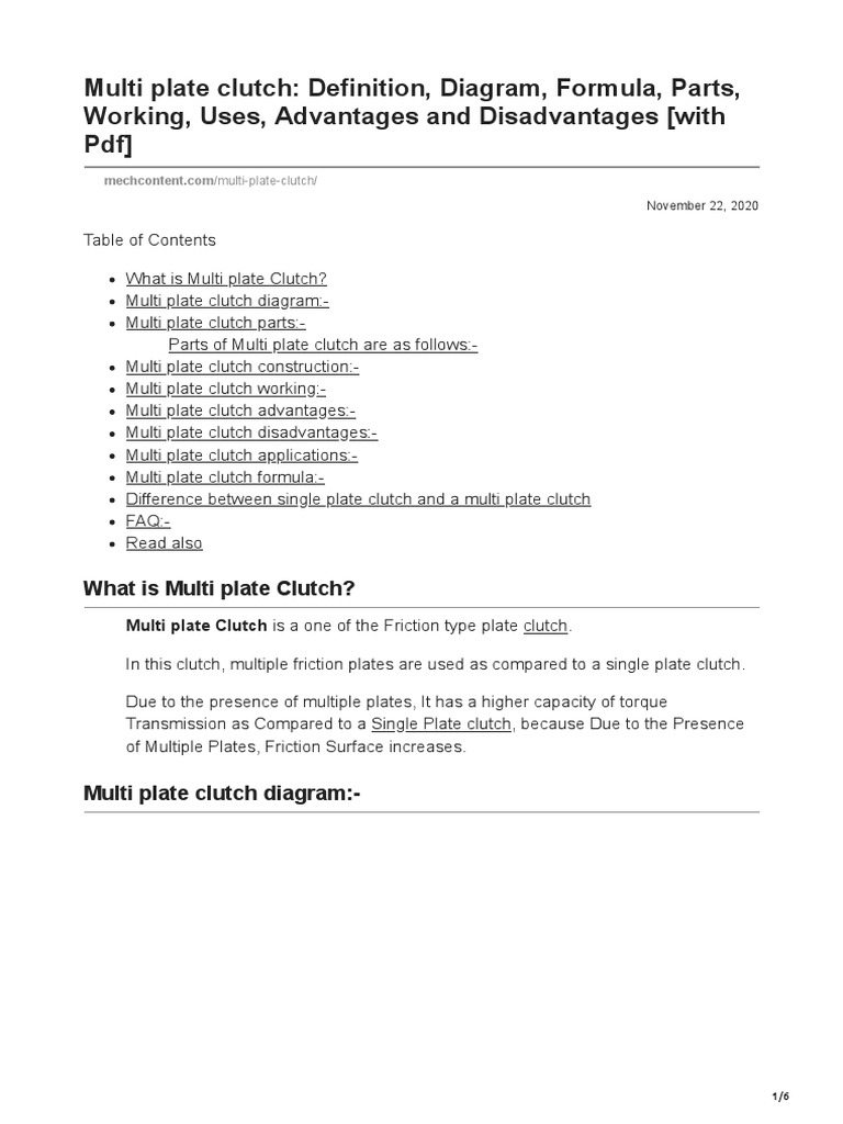 Multi Plate Clutch Definition, Diagram, Formula, Parts, Working, Uses