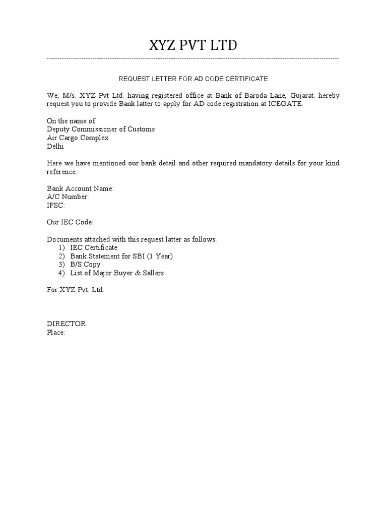 Request Letter For Ad Code Certificate PDF
