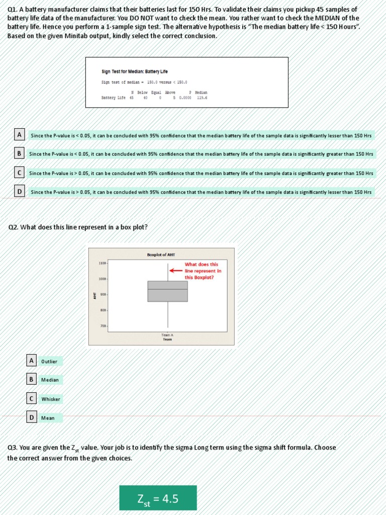 Quiz Green Belt 75 Questions PDF P Value Variance