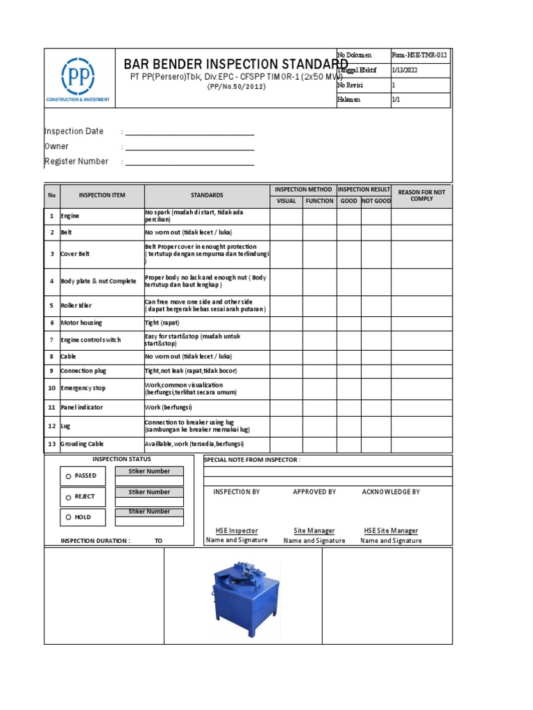 Form-HSE-TMR-012 Bar Bender Inspection | PDF