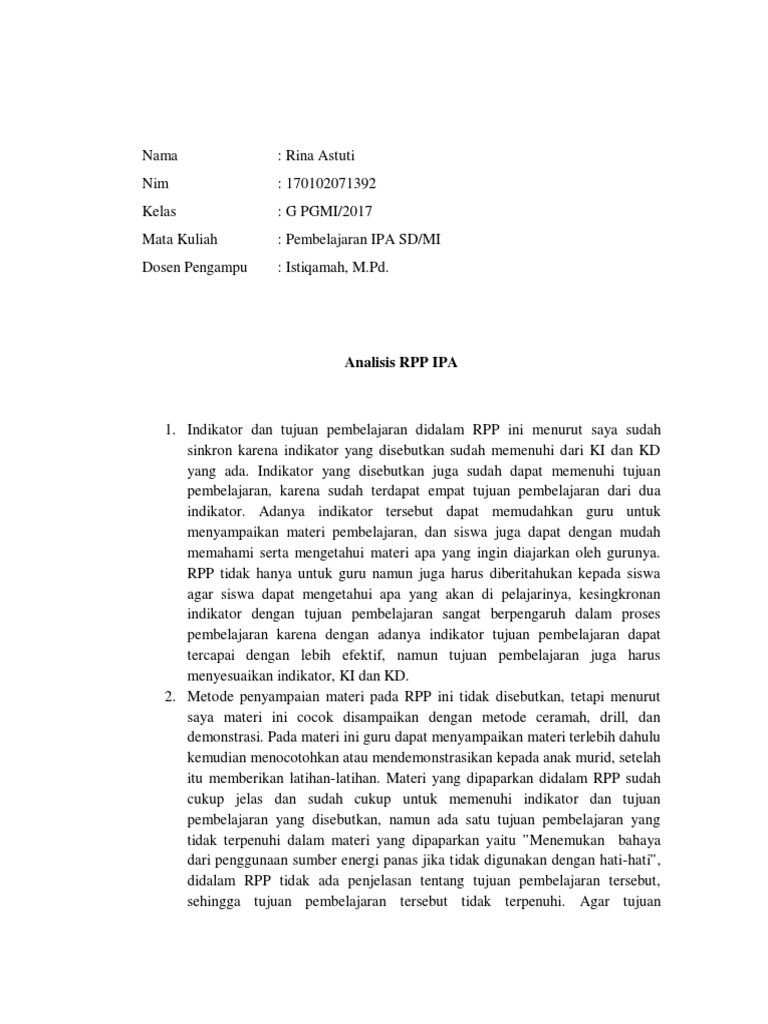 Analisis RPP Pembelajaran IPA SD | PDF