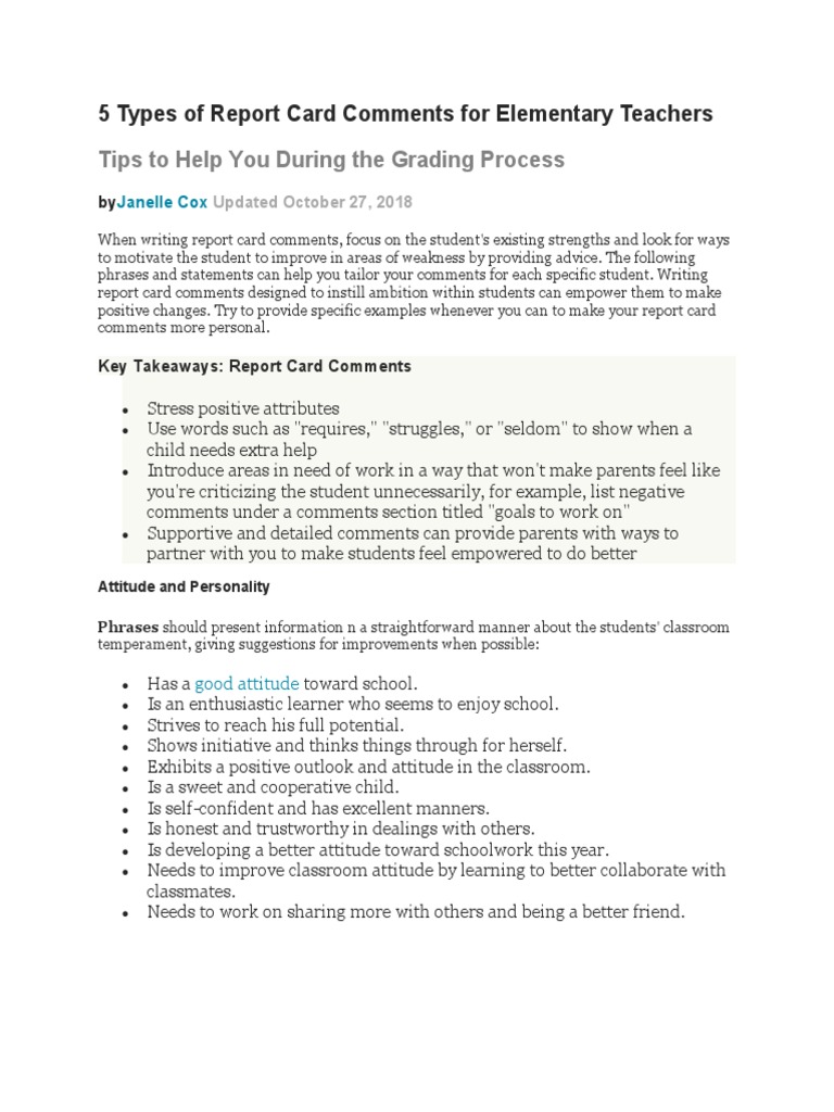 5 Types of Report Card Comments For Elementary Teachers PDF