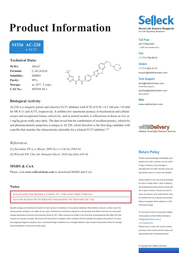 New Product of Selleck-AC-220 (Purity: 99%) | PDF | Pharmacokinetics | Ic50