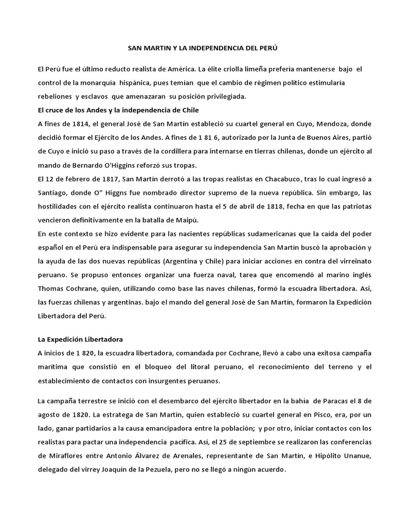 San Martín y la Independencia del Perú | PDF | Perú | Conflictos