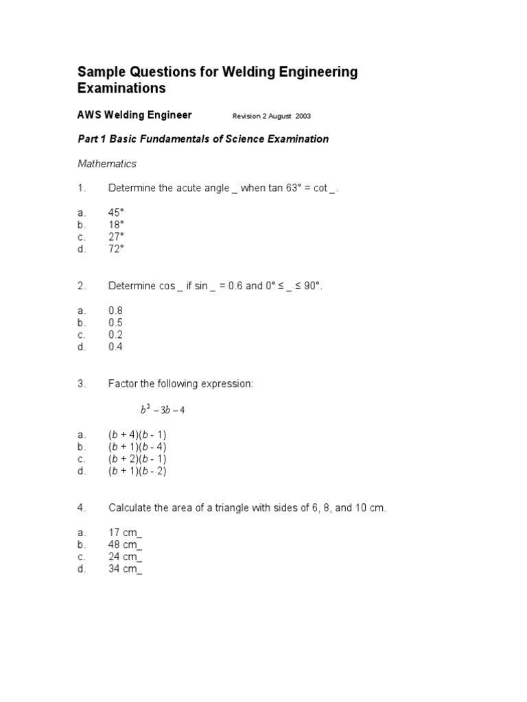 Welding Engineering Exam Sample Questions | PDF | Construction | Welding